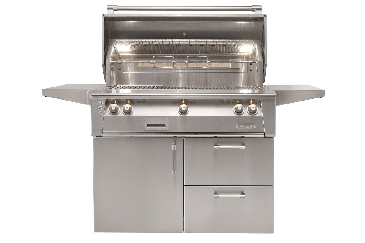 Alfresco Grills Alfresco 42” Freestanding Deluxe Cart Luxury Gas Grill / Stainless Steel, 18SR Burners, Smoker, Infrared Rear Burner, Rotisserie, Cover / ALXE-42CD