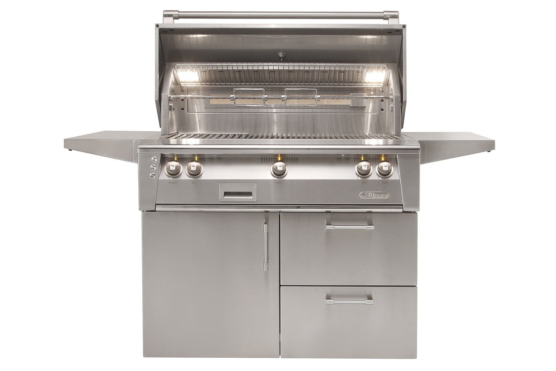 Alfresco Grills Alfresco 42” Freestanding Deluxe Cart Luxury Gas Grill with SearZone / Stainless Steel, Smoker, Infrared Rear Burner, Rotisserie, Cover / ALXE-42SZCD