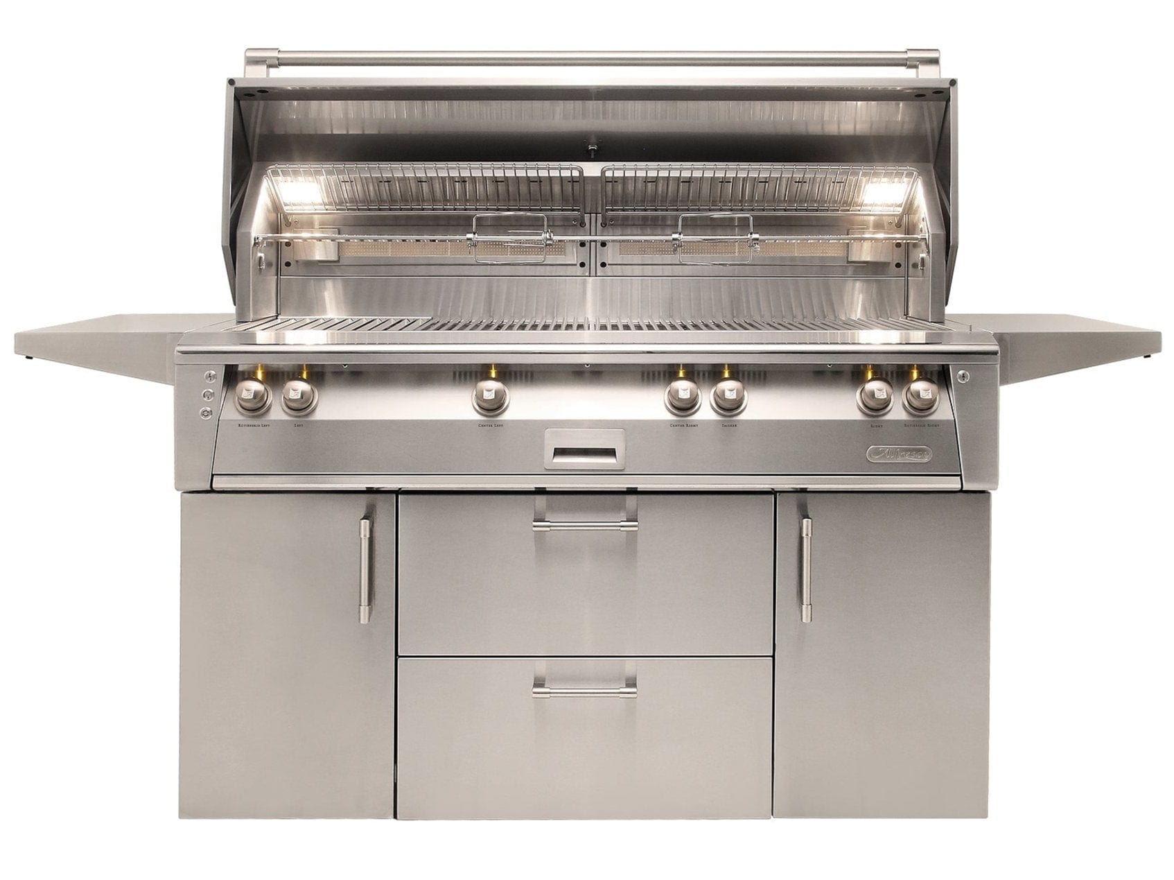 Alfresco Grills Alfresco 56” Freestanding Cart Luxury Gas ALL-GRILL with SearZone / Stainless Steel, 18SR Burners, Smoker, Infrared Rear Burner, Rotisserie, Cover / ALXE-56BFGC