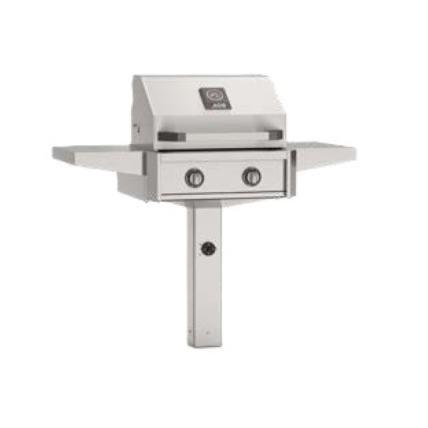 Stainless steel gas grill with two burners, side shelves, and a 24” in-ground post base for outdoor kitchens.