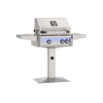 24” stainless gas grill with 2 burners and side shelves, perfect for premium outdoor kitchens and backyard grilling.