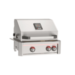 Stainless steel built-in gas grill with 3 burners, integrated thermometer, and optional rotisserie kit.