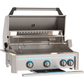 Built-in grill with open lid, 4 control knobs, interior lights, and optional rotisserie kit for outdoor kitchens.