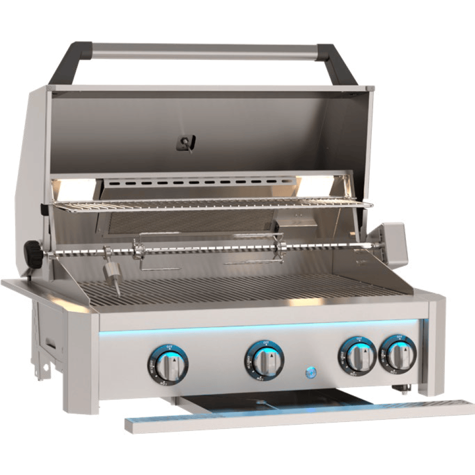 Built-in grill with open lid, 4 control knobs, interior lights, and optional rotisserie kit for outdoor kitchens.