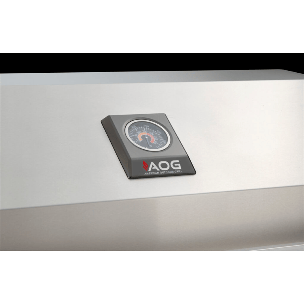 American Outdoor Grill thermometer on a sleek stainless steel grill, highlighting premium built-in finish.