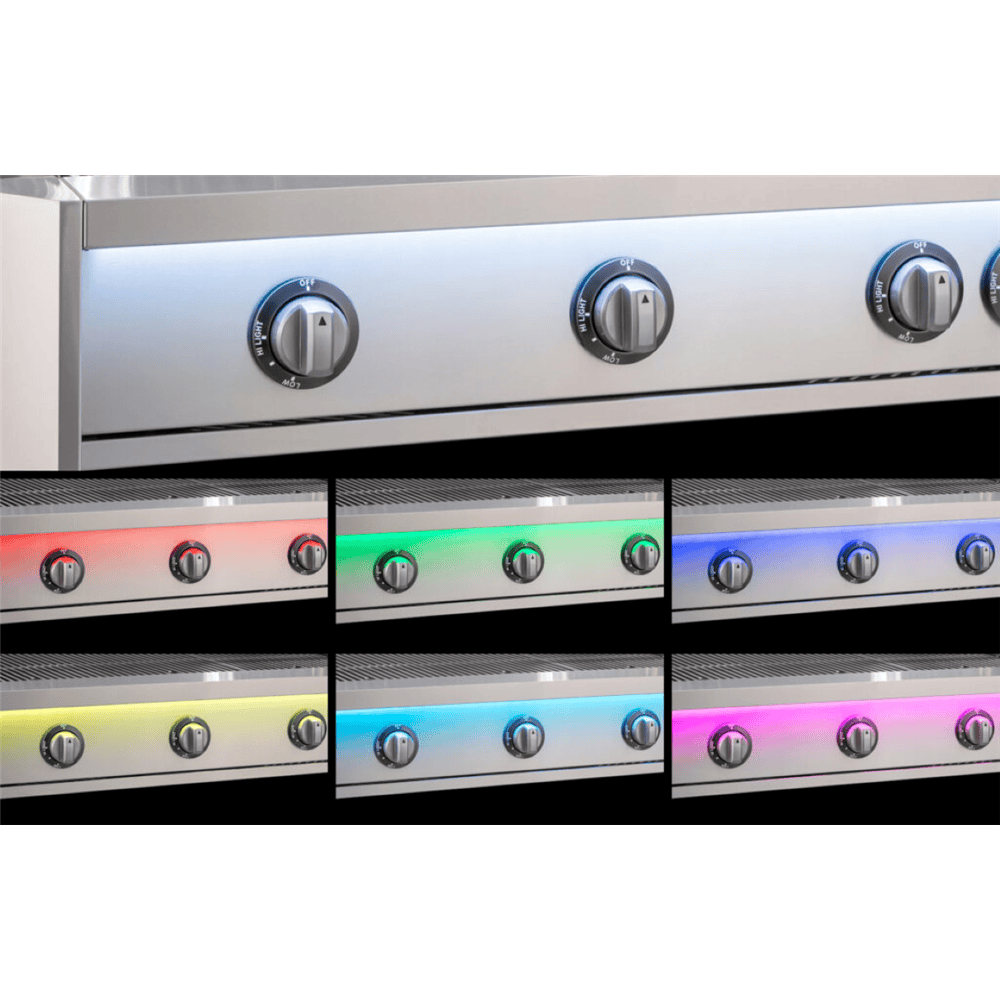 Outdoor grill control knobs with LED backlights in red, green, blue, yellow, and pink for premium outdoor kitchens.
