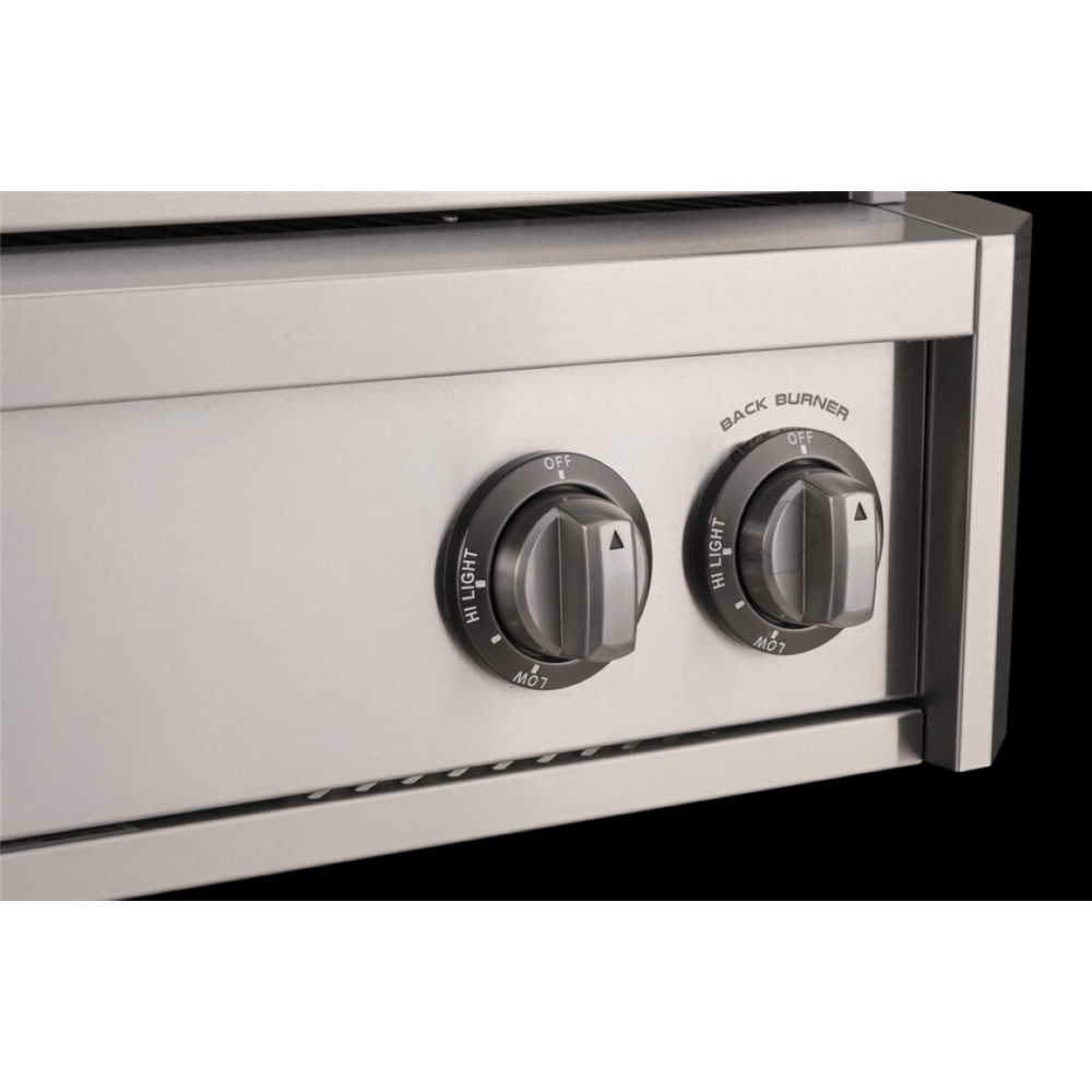 American Outdoor Grill control knobs for back and side burners, stainless finish—ideal for luxury outdoor kitchens.