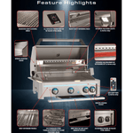 Stainless steel NG grill with open lid, control knobs, rotisserie kit, and premium finish for outdoor kitchens.