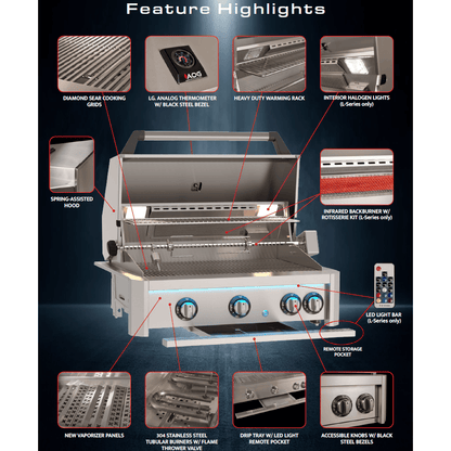 Stainless steel NG grill with open lid, control knobs, rotisserie kit, and premium finish for outdoor kitchens.