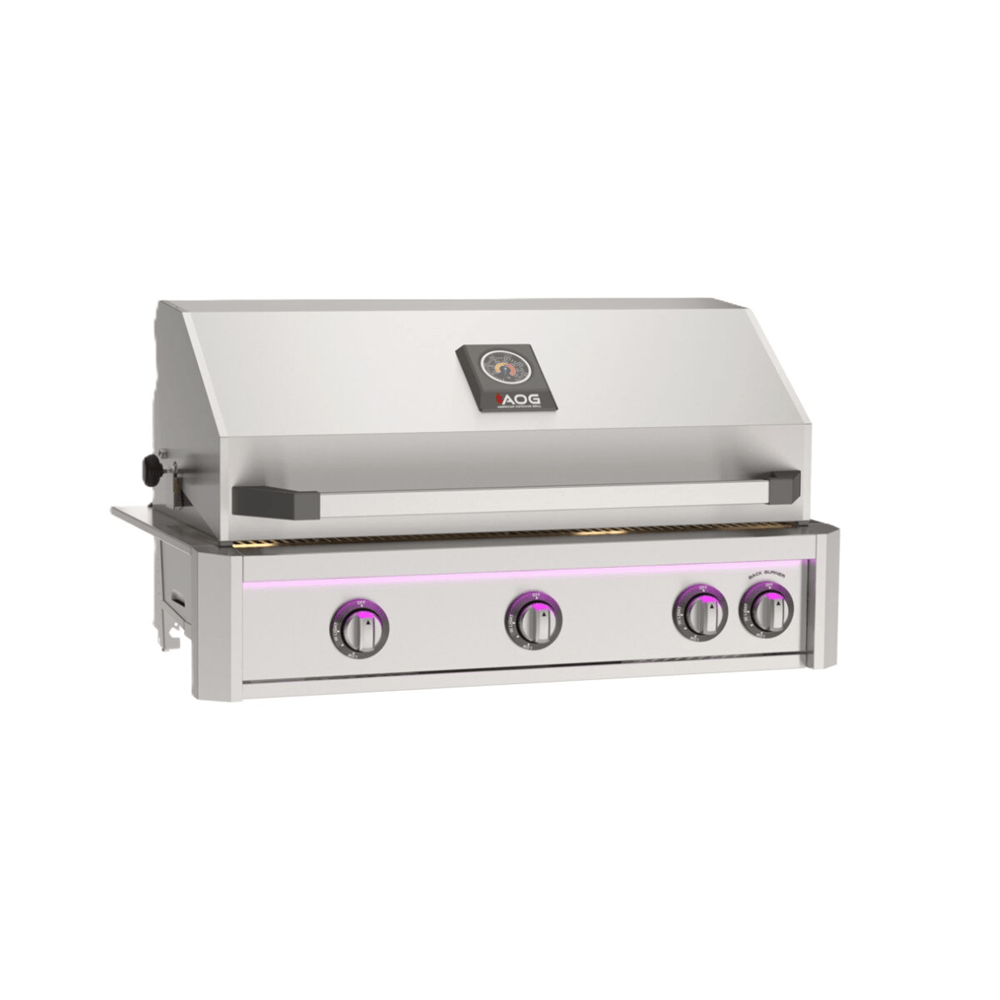 Built-in stainless steel gas grill with rotisserie, four control knobs, and a partially open hood for outdoor kitchens.