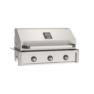Premium stainless steel grill with three control knobs and closed lid, ideal for luxury outdoor kitchen setups.