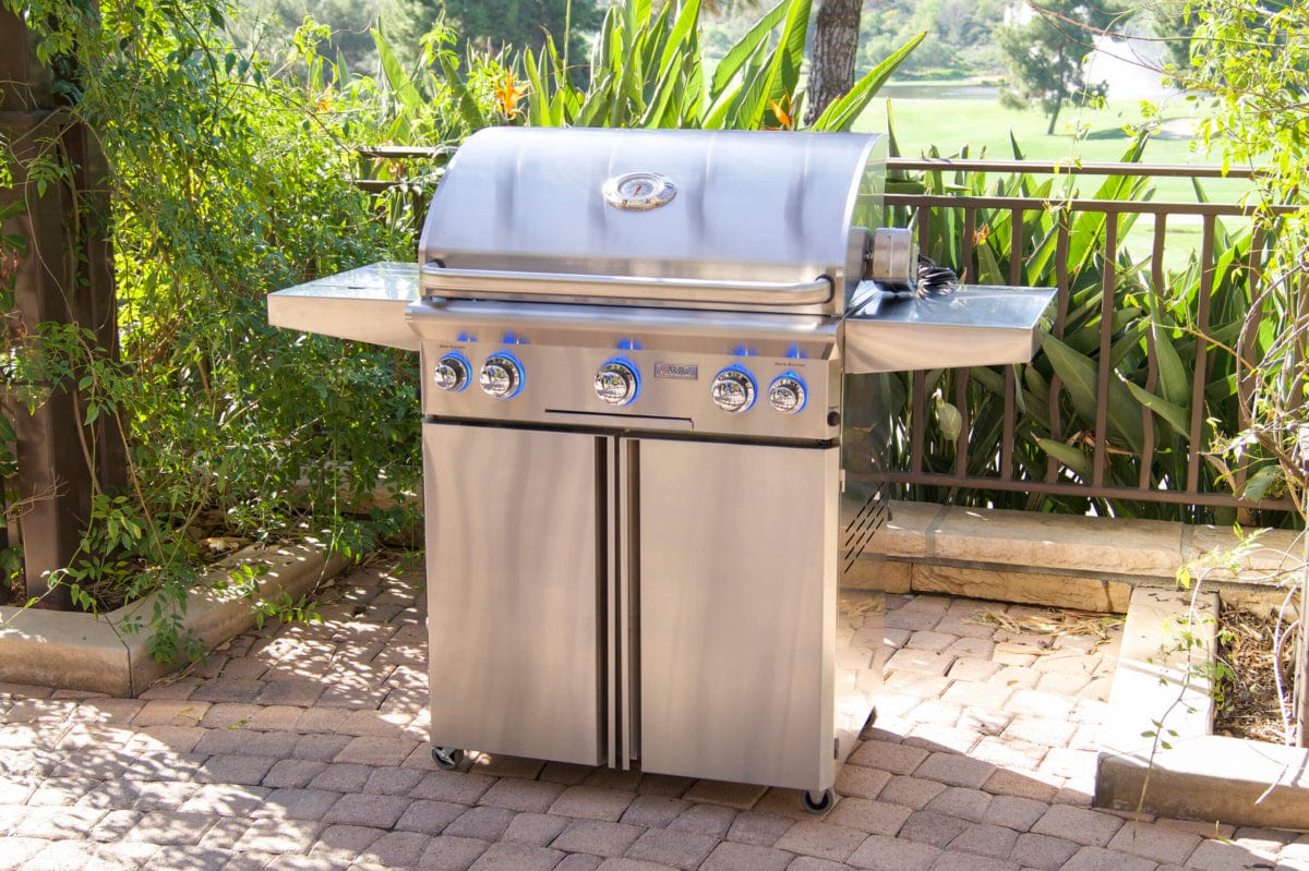 American Outdoor Grill Grills Liquid Propane American Outdoor Grill L-Series 30” Freestanding Cart Gas Grill / Side Burner, Rotisserie Backburner, Optional Sear Burner / 30PCL