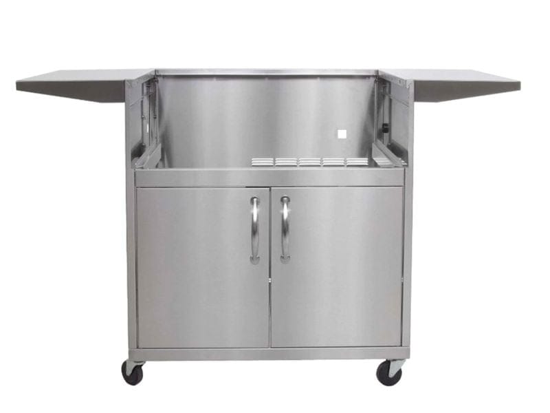Premium stainless steel grill cart with double doors, side shelves, handles, and wheels for easy outdoor cooking.