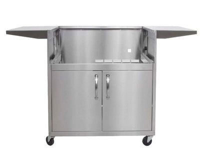 Premium stainless steel grill cart with double doors, side shelves, handles, and wheels for easy outdoor cooking.