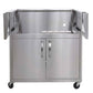 Premium stainless steel outdoor cart with cabinet doors, side shelves, and wheels for high-end kitchen setups.