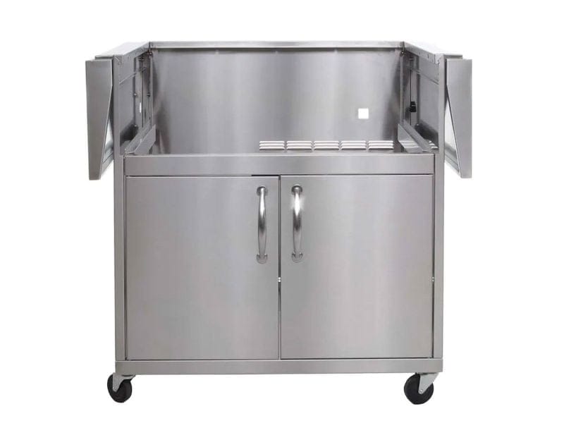 Premium stainless steel outdoor cart with cabinet doors, side shelves, and wheels for high-end kitchen setups.