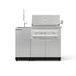 Stainless steel grill with 4 burners, side sink, open lid, and modular outdoor kitchen cabinets.