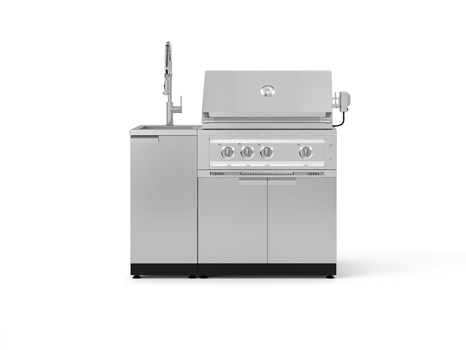 Stainless steel grill with 4 burners, side sink, open lid, and modular outdoor kitchen cabinets.