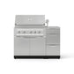 Stainless steel outdoor gas grill with 4 burners, lid, and Modular Outdoor Kitchen storage drawers on the right.