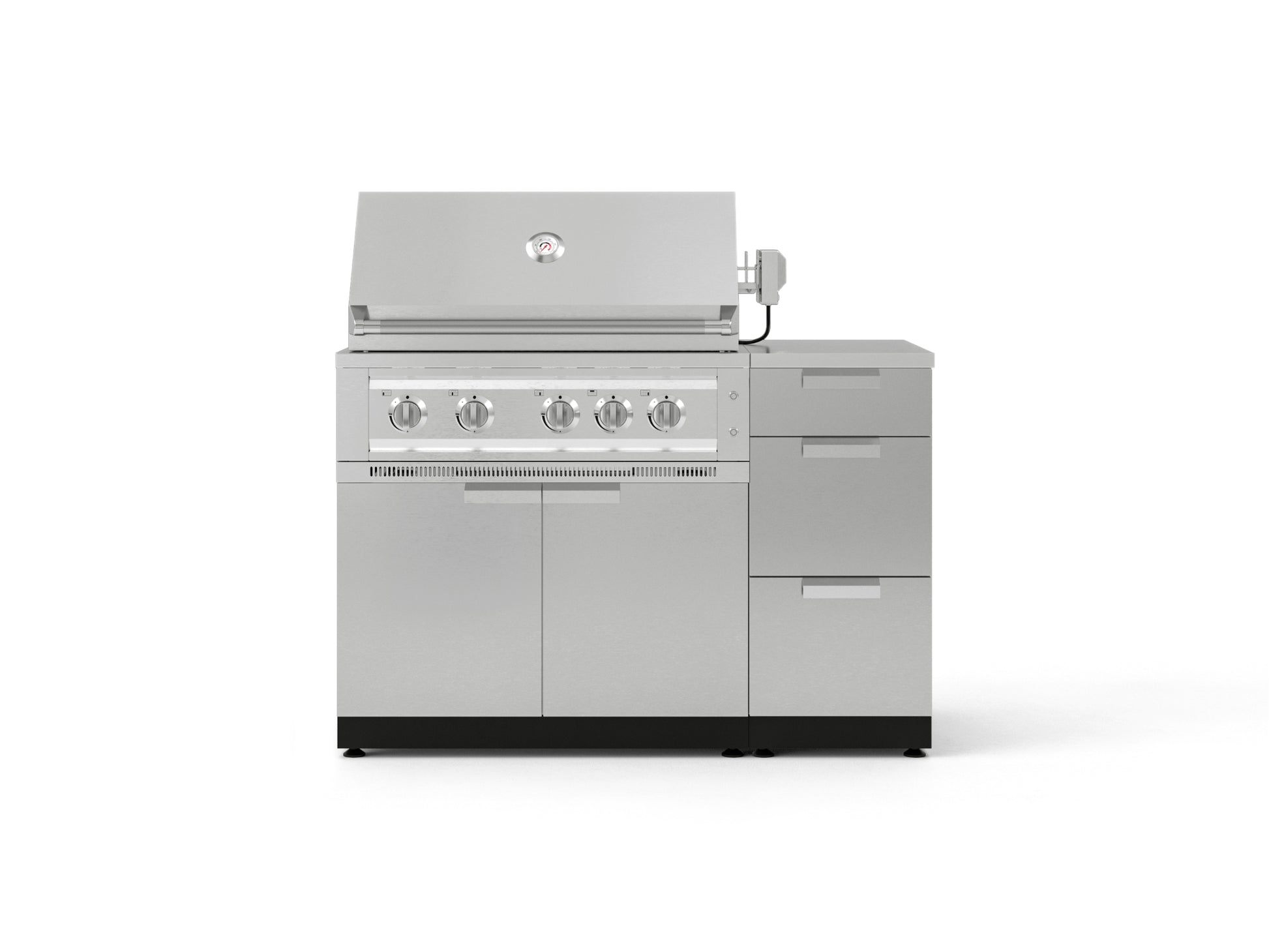 Stainless steel outdoor gas grill with 4 burners, lid, and Modular Outdoor Kitchen storage drawers on the right.
