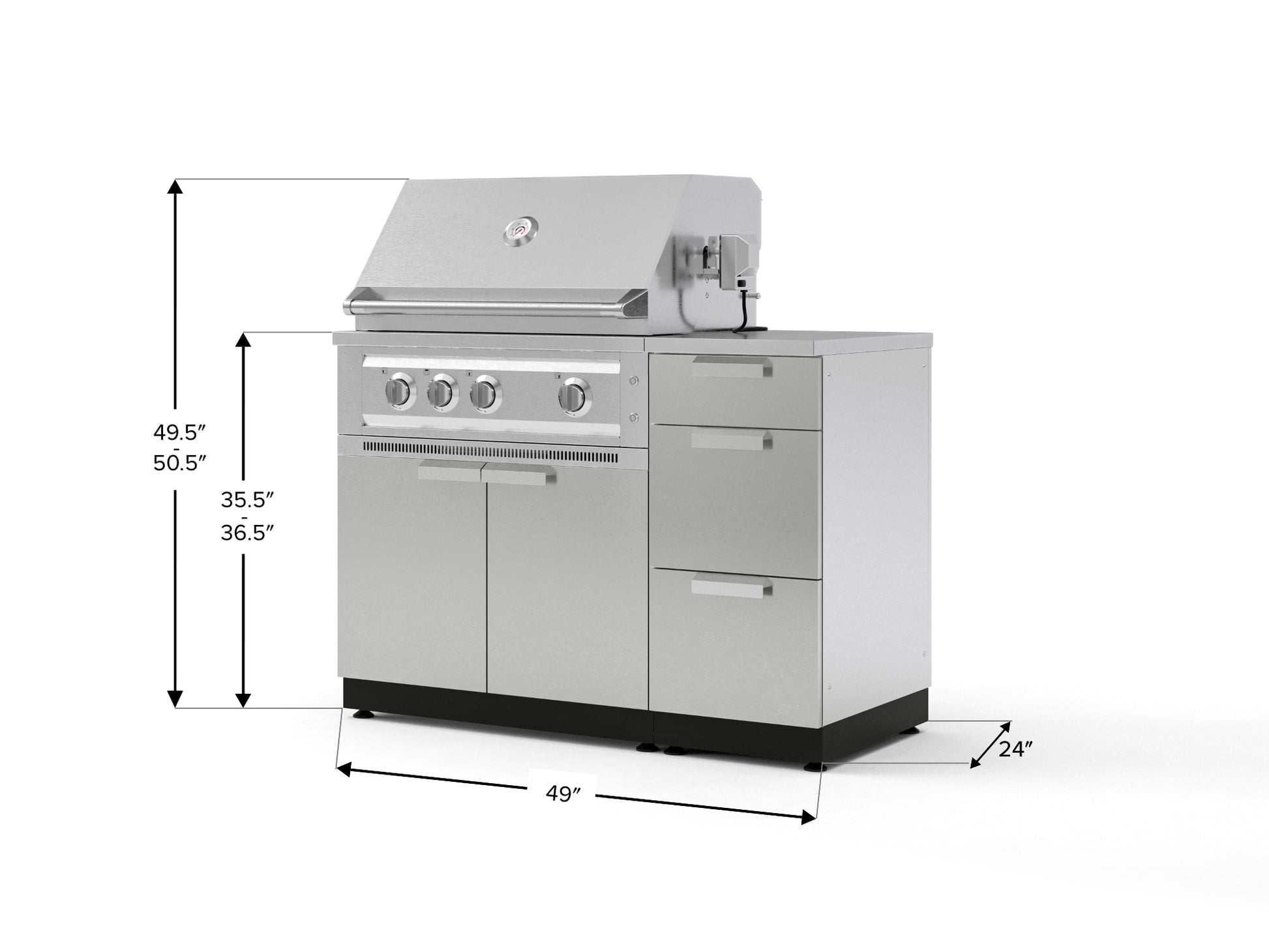 Stainless steel outdoor grill with closed lid, drawers, modular cabinetry, and shown dimensions for premium kitchens.