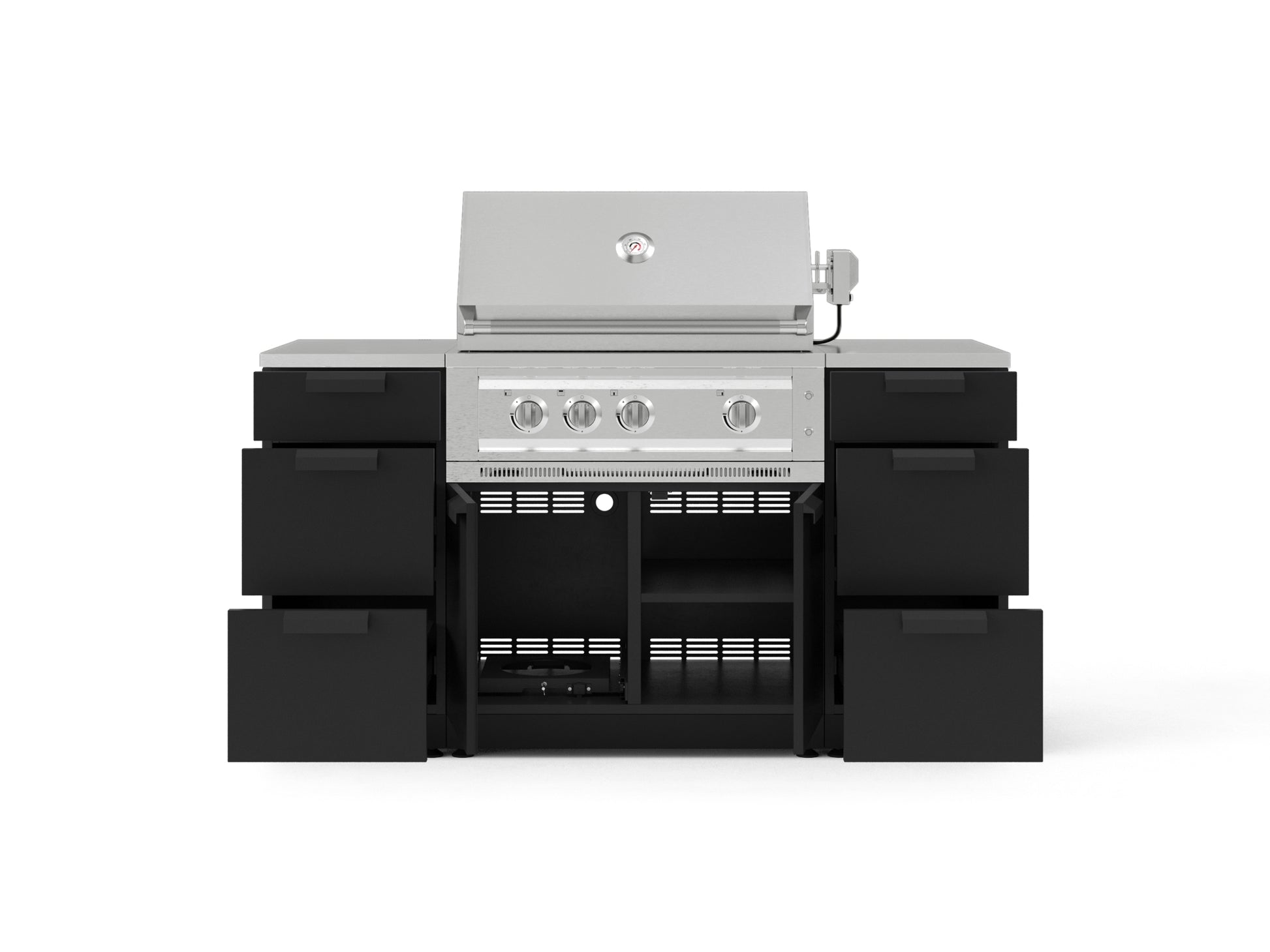 Premium stainless steel grill with 4 burners, modular outdoor kitchen, black open cabinets and drawers.