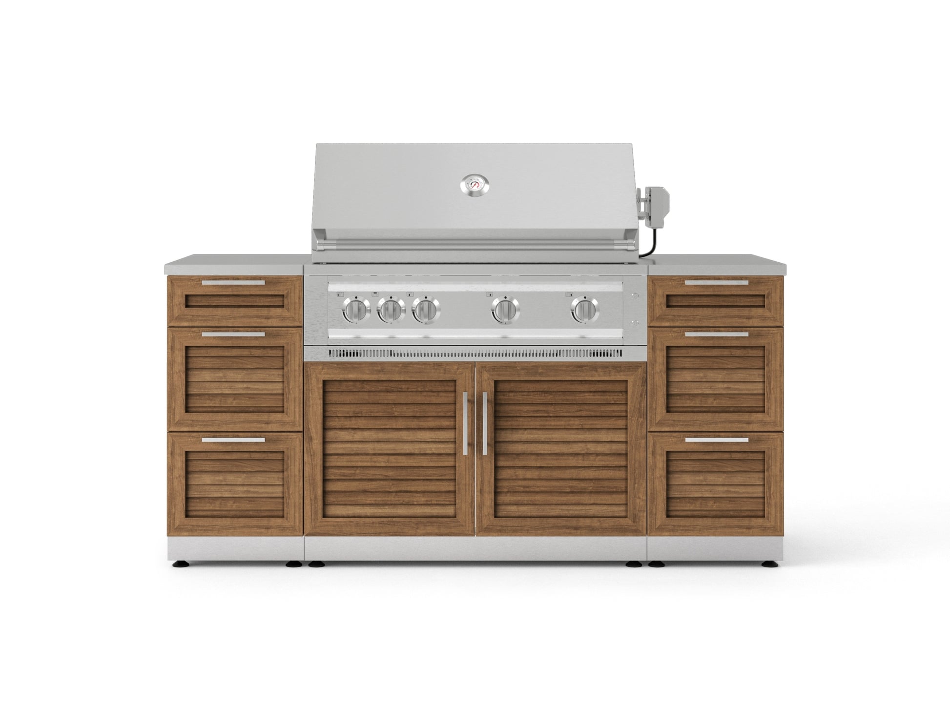 Premium stainless steel outdoor grill with 4 burners and modular side cabinets for an elegant backyard kitchen.