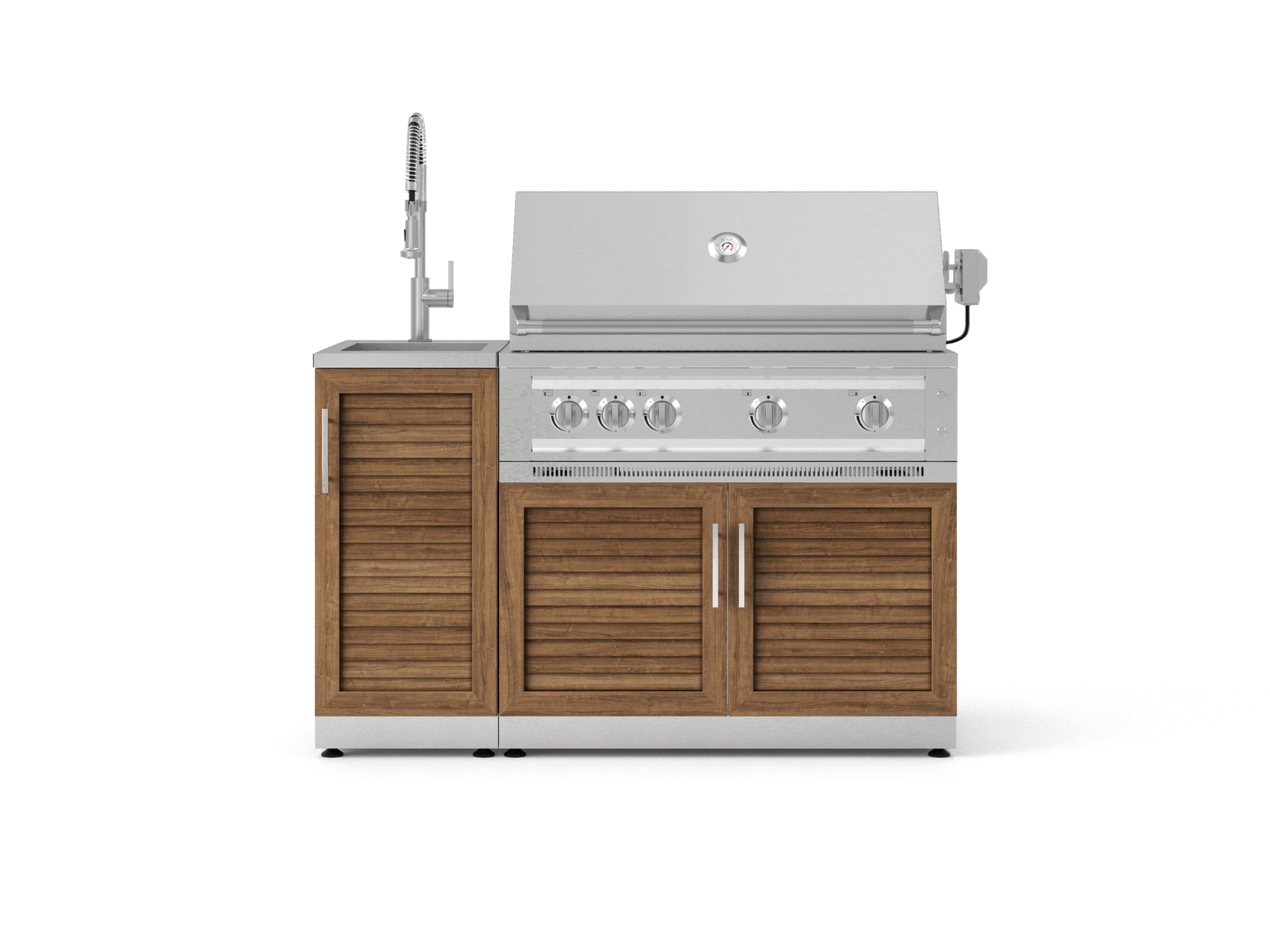 Premium outdoor stainless steel grill with integrated sink, modular cabinets, and four burners for luxury kitchens.