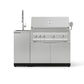 Premium stainless steel gas grill with four burners, side sink, and modular outdoor kitchen cabinets.
