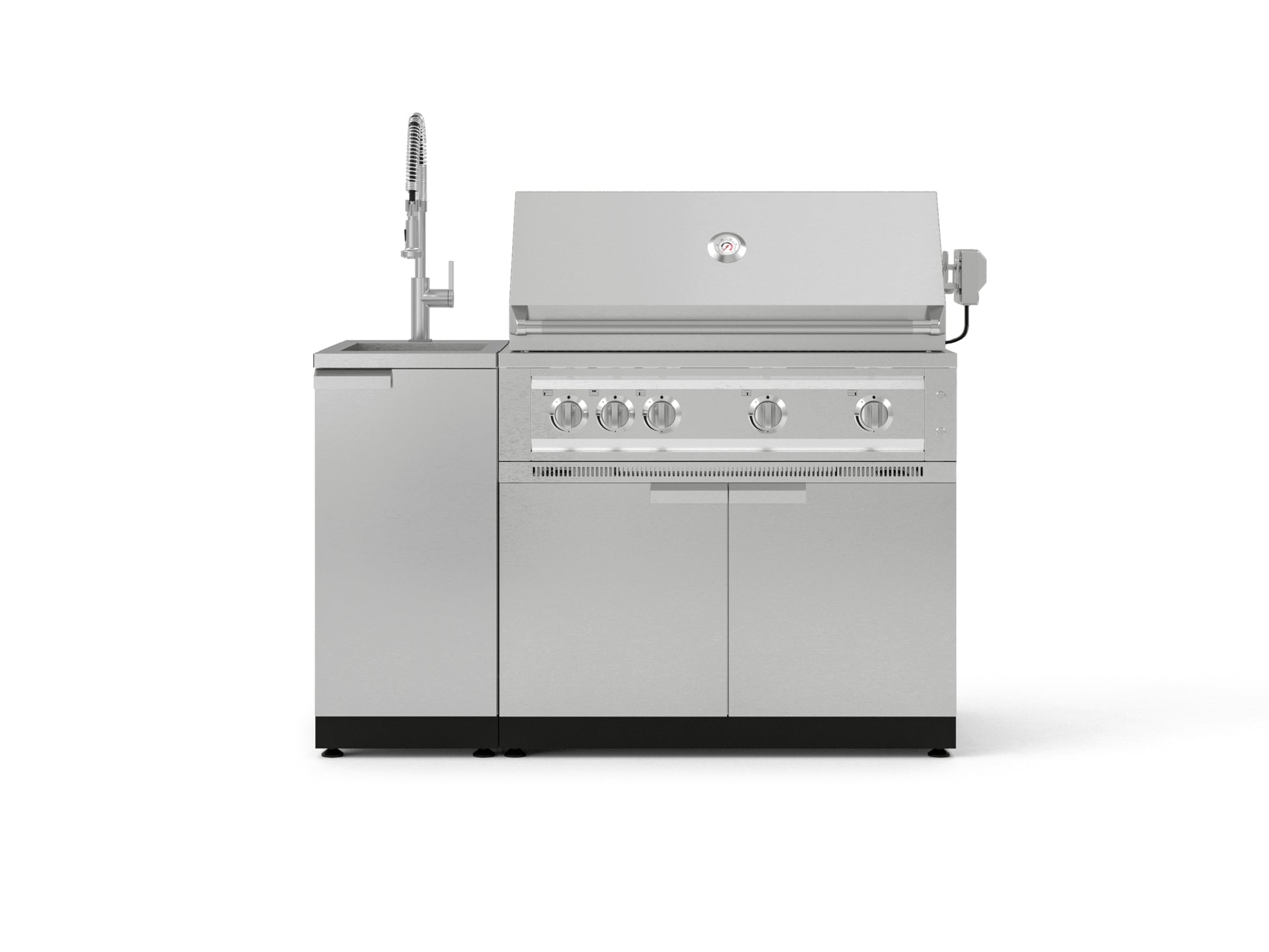 Premium stainless steel gas grill with four burners, side sink, and modular outdoor kitchen cabinets.