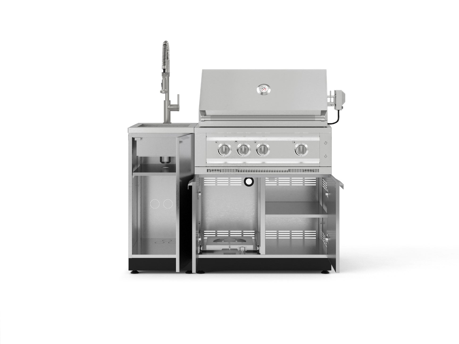 Stainless steel outdoor grill with side sink, modular storage, and sleek finish ideal for premium outdoor kitchens.