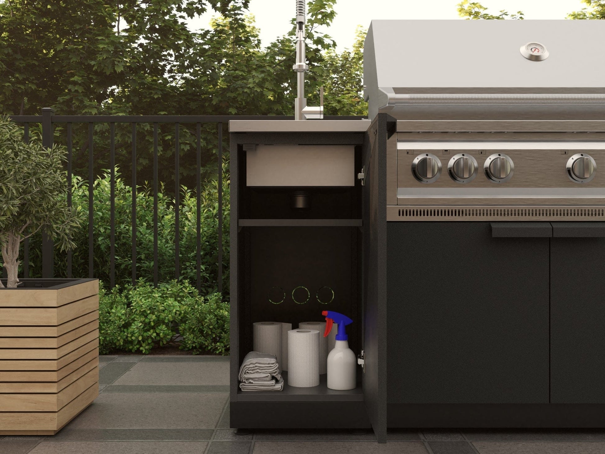 Premium outdoor grill station with modular cabinets, open shelves, and an integrated sink for a sleek kitchen setup.