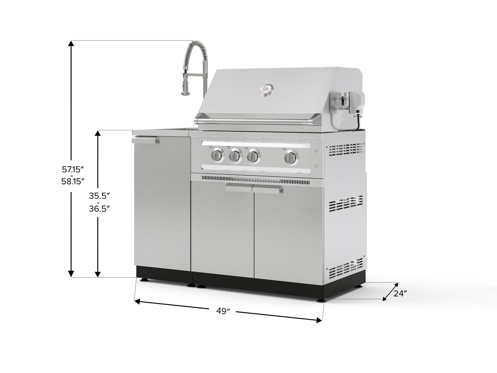 Stainless steel modular outdoor kitchen with grill, sink, fridge, and labeled dimensions on white background.
