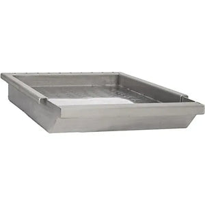 Rectangular stainless steel griddle with raised edges, perfect for gas grills; durable and easy to clean.