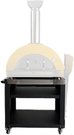 Coyote wood fired pizza oven on black cart with shelves and chimney. Perfect for outdoor kitchens. SKU C1PZ40W.