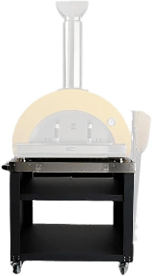 Coyote wood fired pizza oven on black cart with shelves and chimney. Perfect for outdoor kitchens. SKU C1PZ40W.
