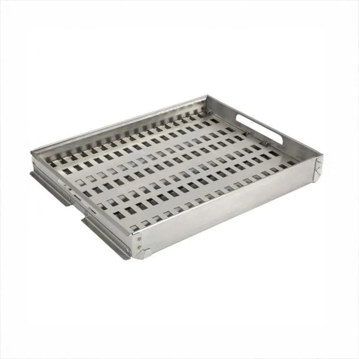 Coyote metal grill basket with slotted holes, ideal for charcoal grilling. Durable finish for outdoor kitchens.