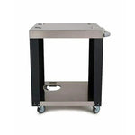 Coyote stainless steel utility cart with four wheels and a fitted pizza oven cover, shown front view.