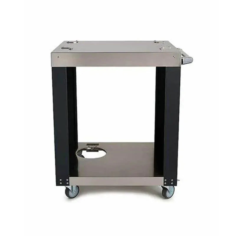 Coyote stainless steel utility cart with four wheels and a fitted pizza oven cover, shown front view.