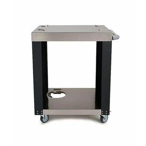 Coyote stainless steel utility cart with four wheels and a fitted pizza oven cover, shown front view.
