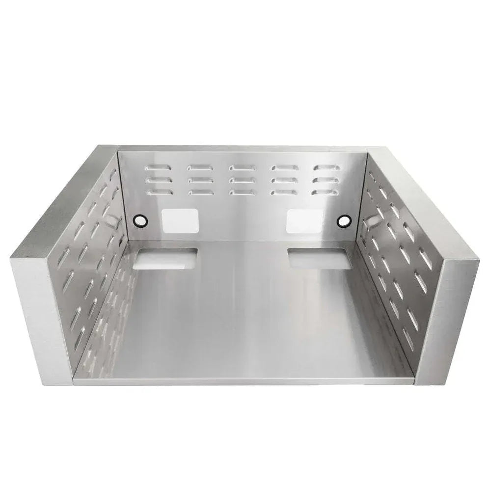Coyote stainless steel grill liner with vented sides enhances outdoor kitchen safety and airflow.