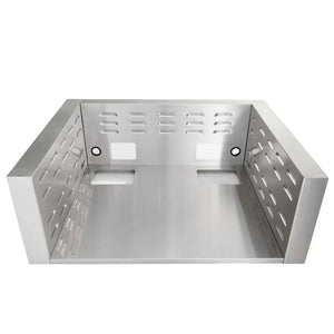 Coyote stainless steel grill liner with vented sides enhances outdoor kitchen safety and airflow.