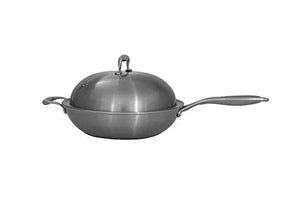 Stainless steel skillet with domed lid and long handle, perfect for outdoor kitchens and Coyote Power Burner use.