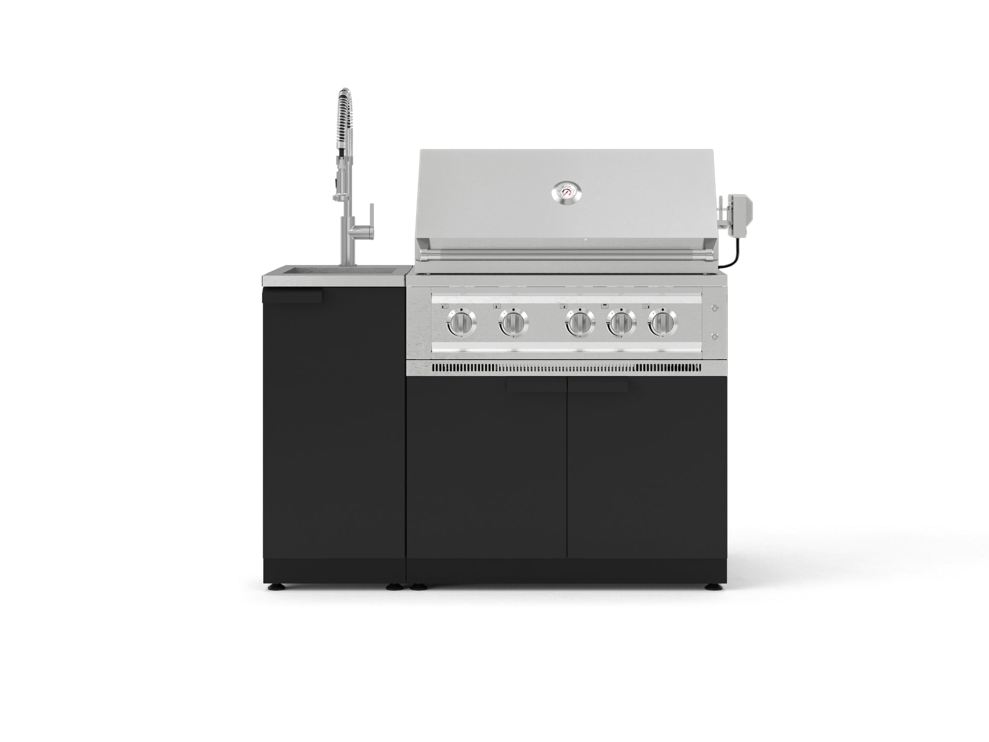 Premium black and silver modular outdoor grill with four burners, stainless steel cabinets, and integrated sink.