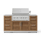Stainless steel outdoor grill with modular kitchen, wooden cabinets, open lid, and premium finish.