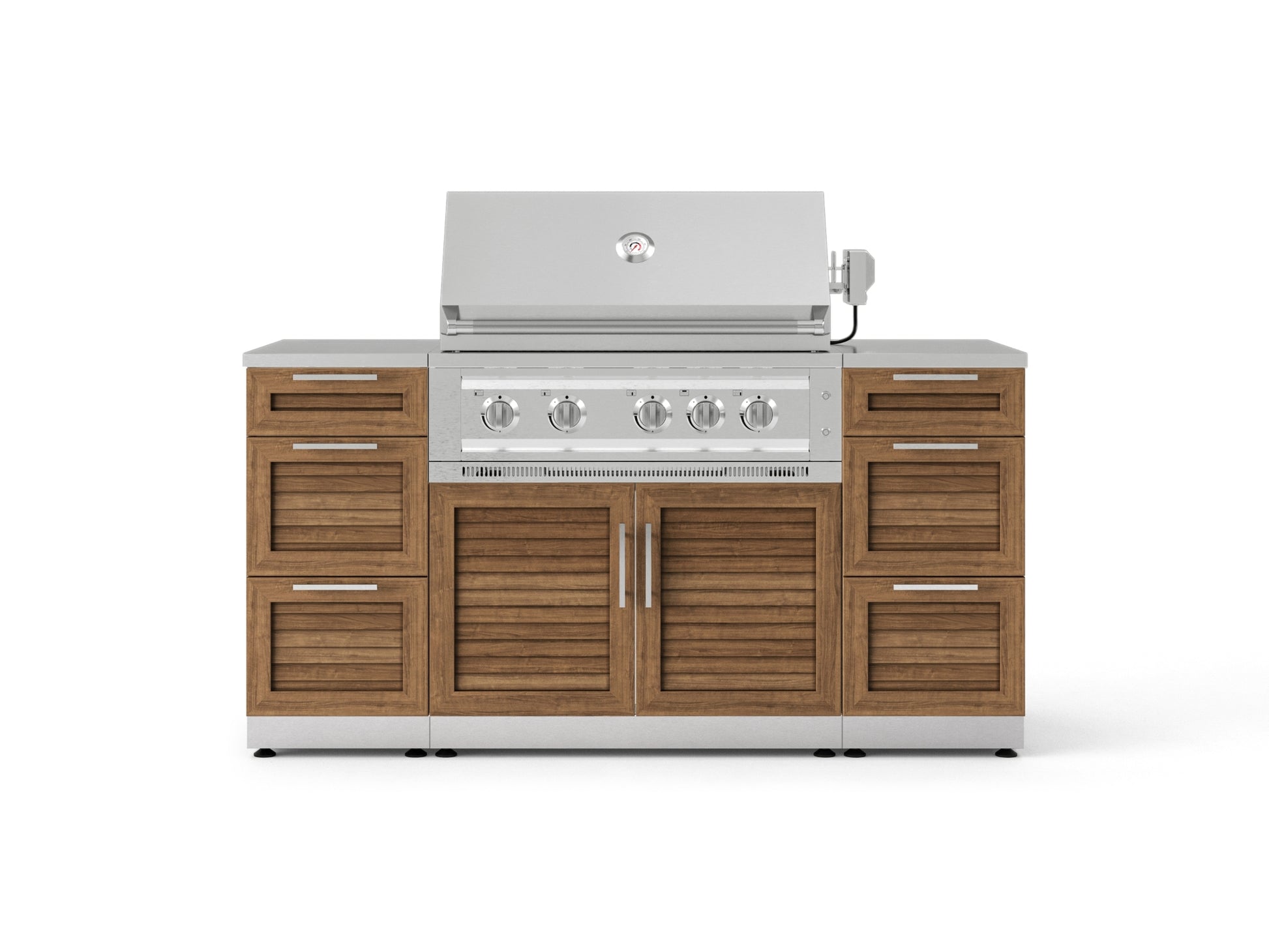 Stainless steel outdoor grill with modular kitchen, wooden cabinets, open lid, and premium finish.