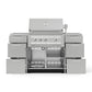Premium stainless steel grill with four burners, six drawers, and modular outdoor kitchen cabinets below.