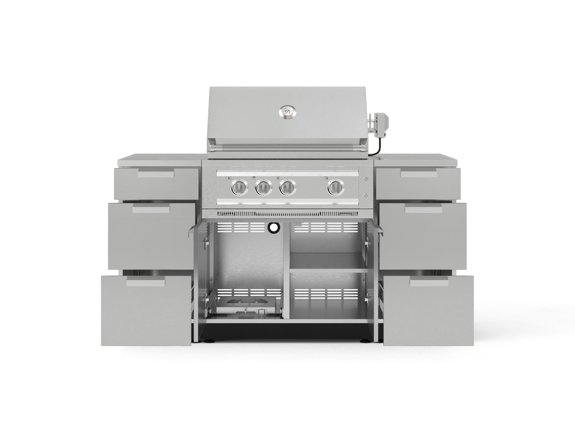 Premium stainless steel grill with four burners, six drawers, and modular outdoor kitchen cabinets below.