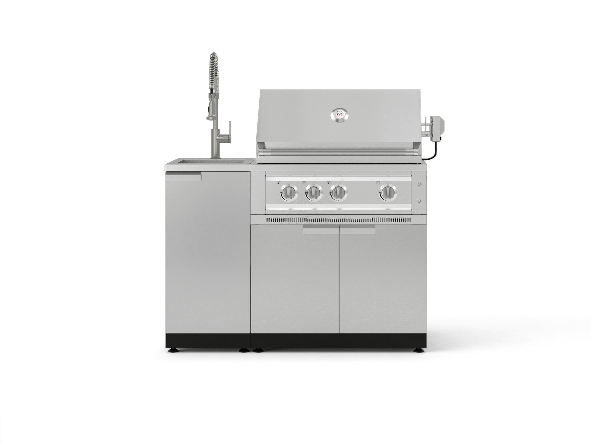 Stainless steel grill with 4 burners, temp gauge, and left-side modular outdoor kitchen cabinets for premium setups.