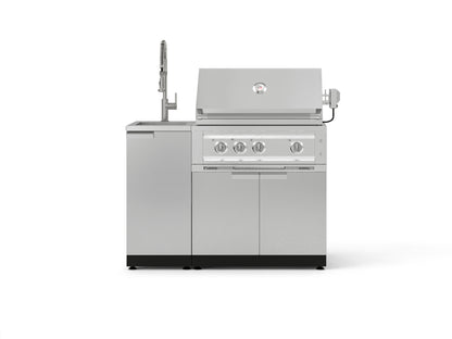 Stainless steel grill with 4 burners, temp gauge, and left-side modular outdoor kitchen cabinets for premium setups.